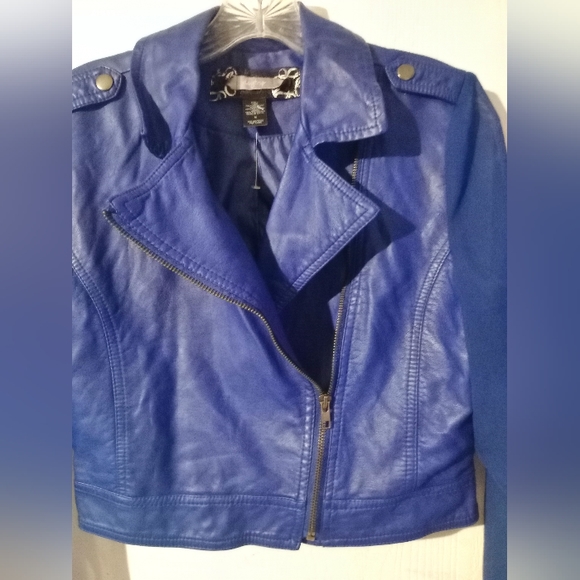 Cropped MOTO Style Jacket w Sheer Sleeves sz. M Blue‎ Faux Leather - Picture 14 of 15